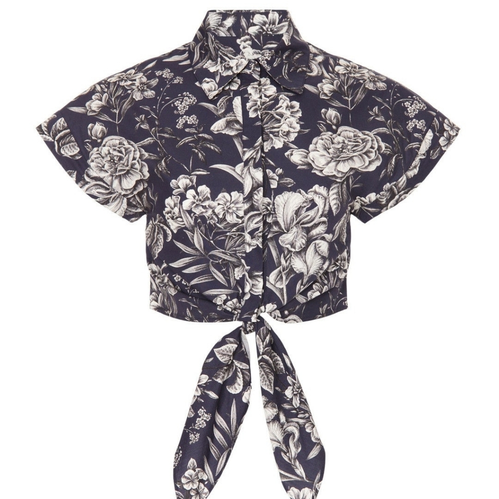 Adam Lippes Cropped Floral Shirt Short Sleeves Collar Front Button Size M
